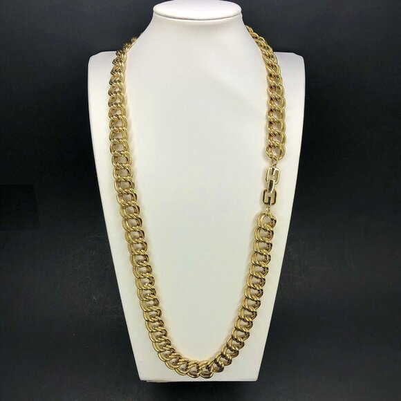 Vtg G Clasp Heavy Chunky Givenchy Chain Necklace 31" Gold Tone Cuban Double Link - Picture 6 of 13